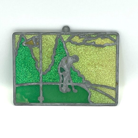 Vintage Stained Glass Golf Sun Catcher Glittery Golfer Hole 9 Flag - Picture 3 of 3